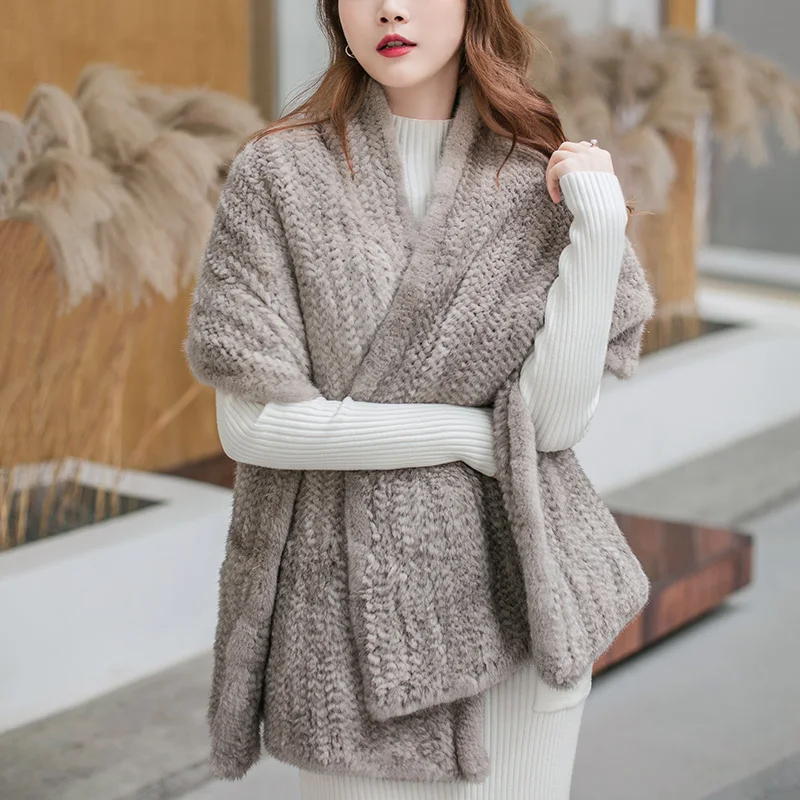 Besfilin Genuine  Mink Furs Big Shawl for Women, High-grade Knitted Scarf, Hand Woven, Versatile Keep Warm, Winter and Autumn