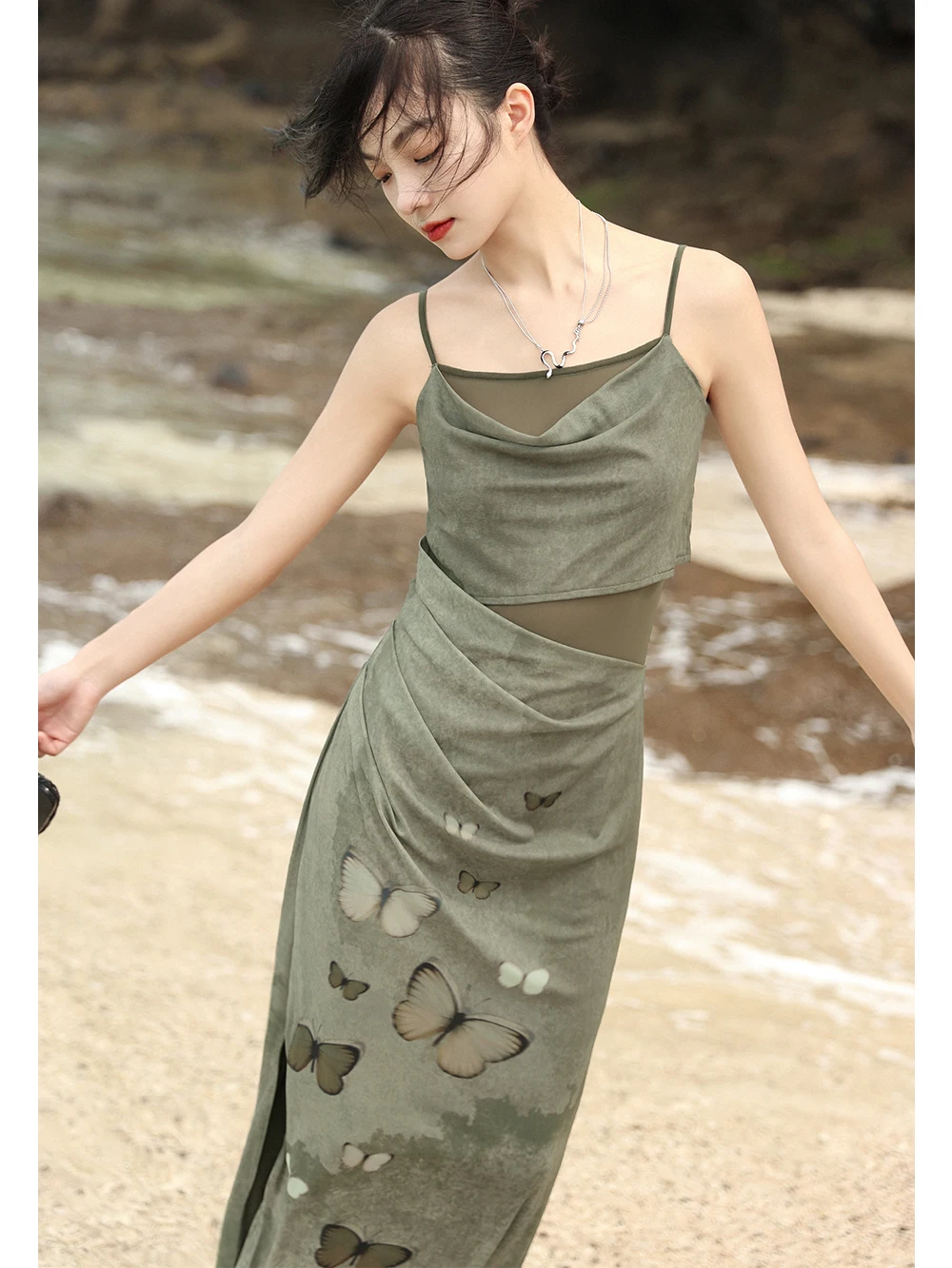 UMI MAO Sweet Cool Hanging Strap Dress per le donne Design unico Green Butterfly Print Slim Fit abiti lunghi Femme Y2K