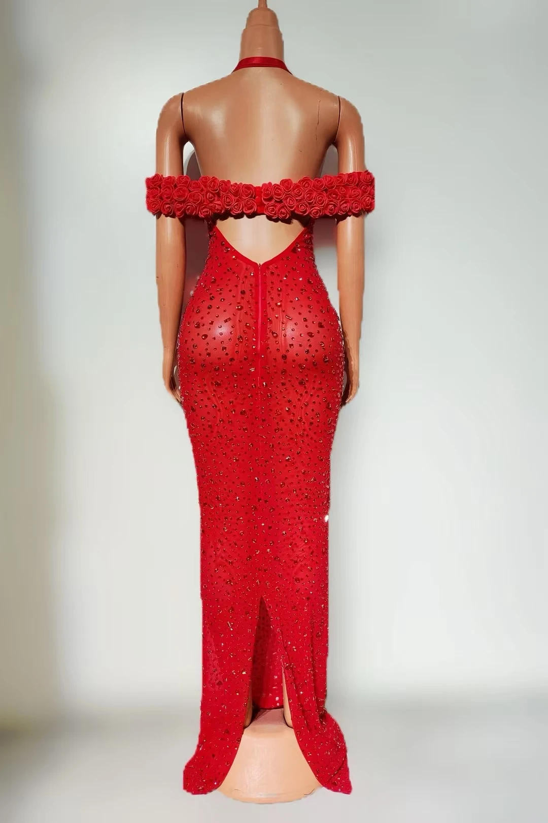 Paomohua Luxury Women Dress Sexy Neck Hanging Red 3D Flower One Shoulder Trailing Dress Wedding Banquet Birthday New Year Dress