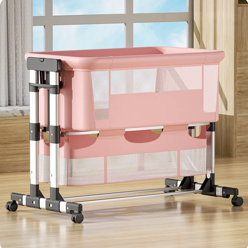 Baby Crib Portable Foldable Height-Adjustable, Removable, and Washable Baby Crib for Newborns with Wheels and Storage Basket
