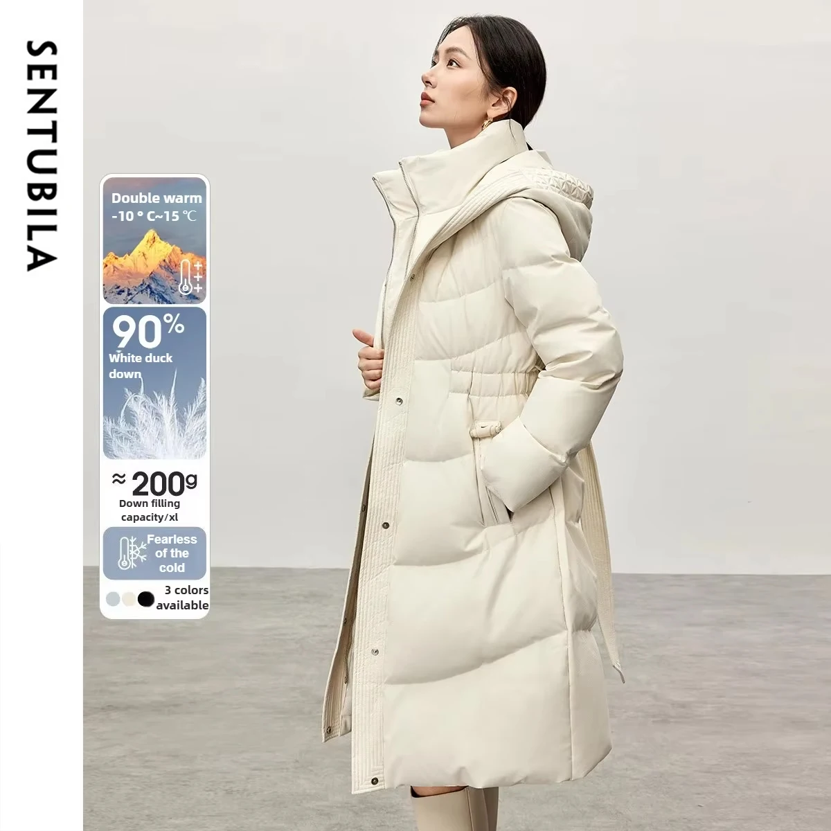 

SENTUBILA Long Down Jacket Woman Winter New Warm Loose Down Coats Splicing Hooded Commute Outwear Women's Clothing W44Y57030
