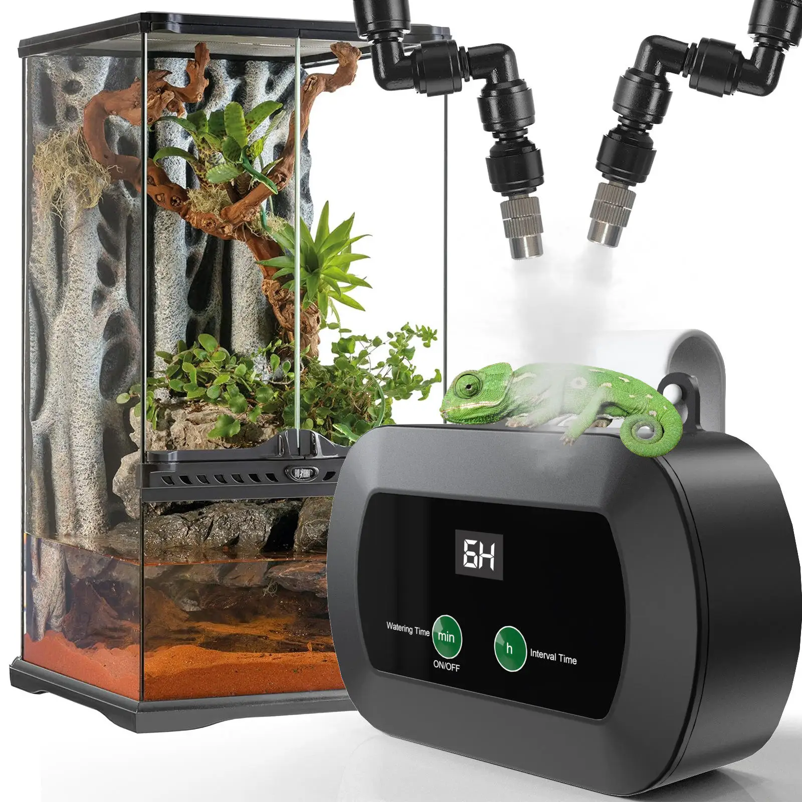 Automatic Reptile Mist Sprinkler with 360°Adjustable Nozzles Plug-in Timer Spray Kit Touch Screen for Terrariums Humidifier