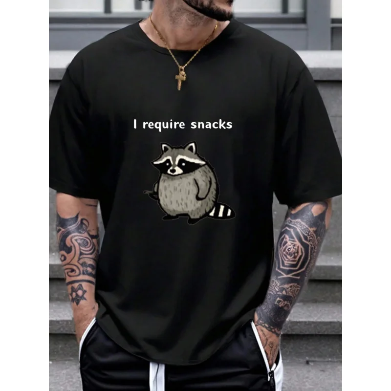 

Мужская черная футболка I Require Snacks с принтом енота, хлопок высокого качества, 180 г