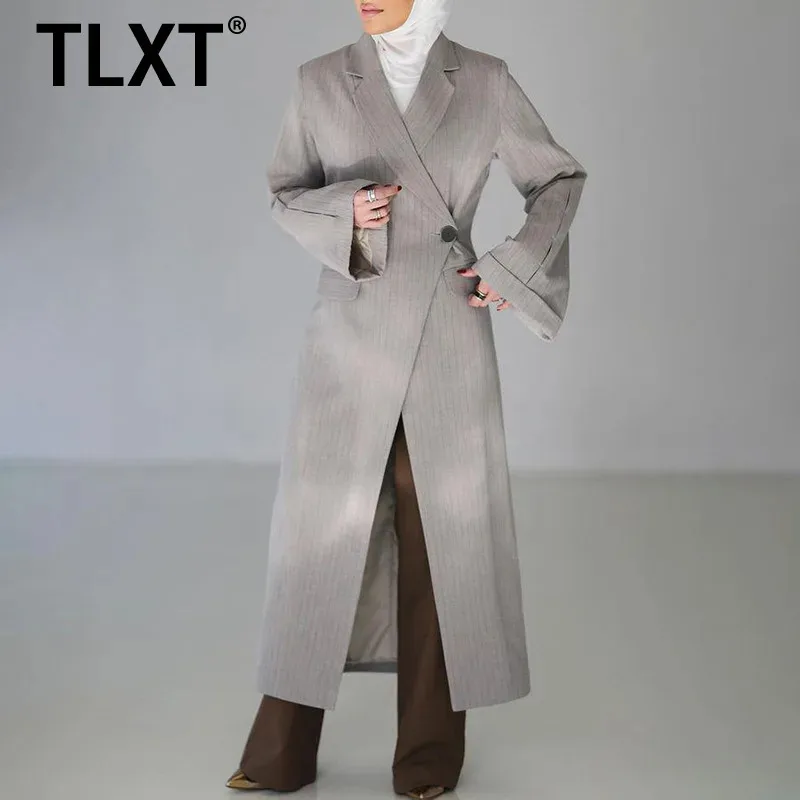 

TLXT Waist striped slit single button long sleeved jacket with fashionable temperament 2025 Spring and Autumn new women's item