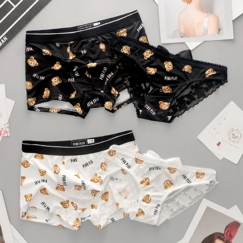 Conjunto de bragas de seda de hielo para hombre y mujer, ropa interior Sexy de encaje con estampado de oso de dibujos animados, 1 piezas