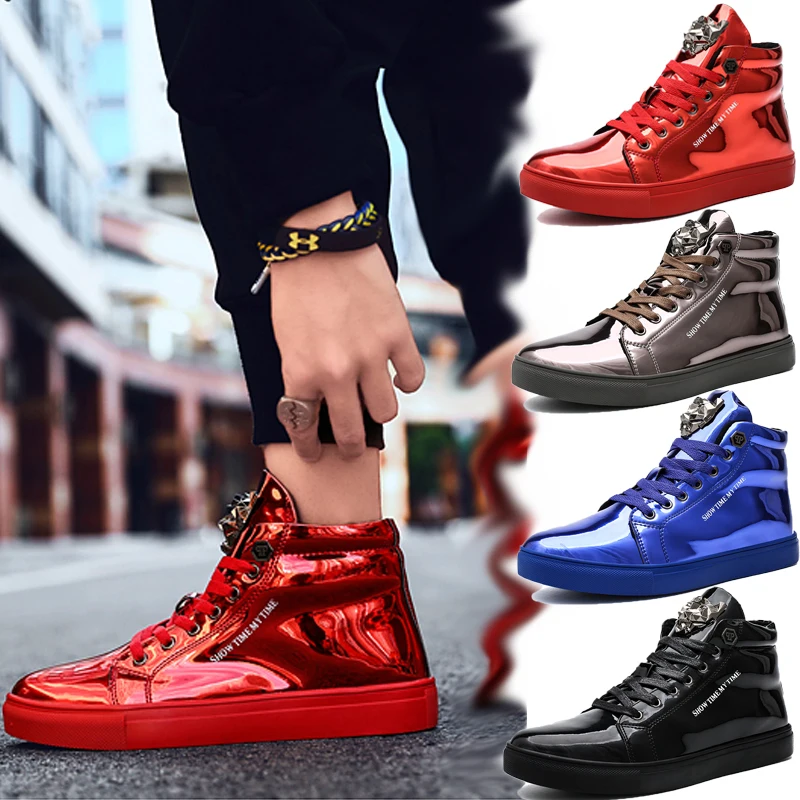 High Top Men Sneakers Glossy Fashionable Mens Casual Shoes Non-slip Wear-resistant Board Shoes Versatile Male Flat Walking Shoes