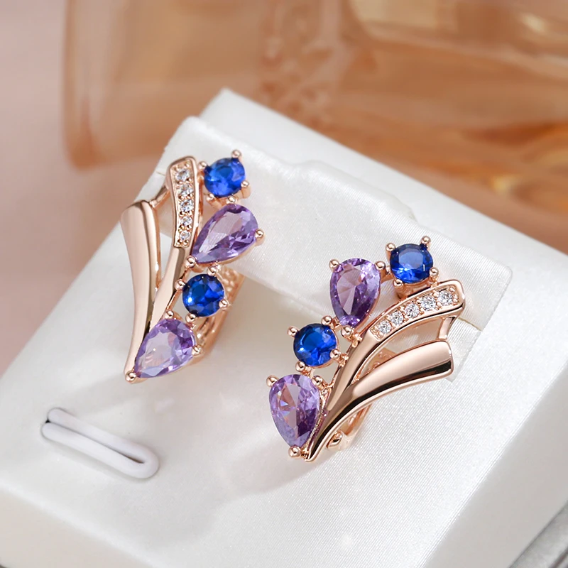 Kinel Hot Shiny Purple Blue Natural Zircon Drop Earrings for Women Trend 585 Rose Gold Color Fine Daily Jewelry Crystal Gift