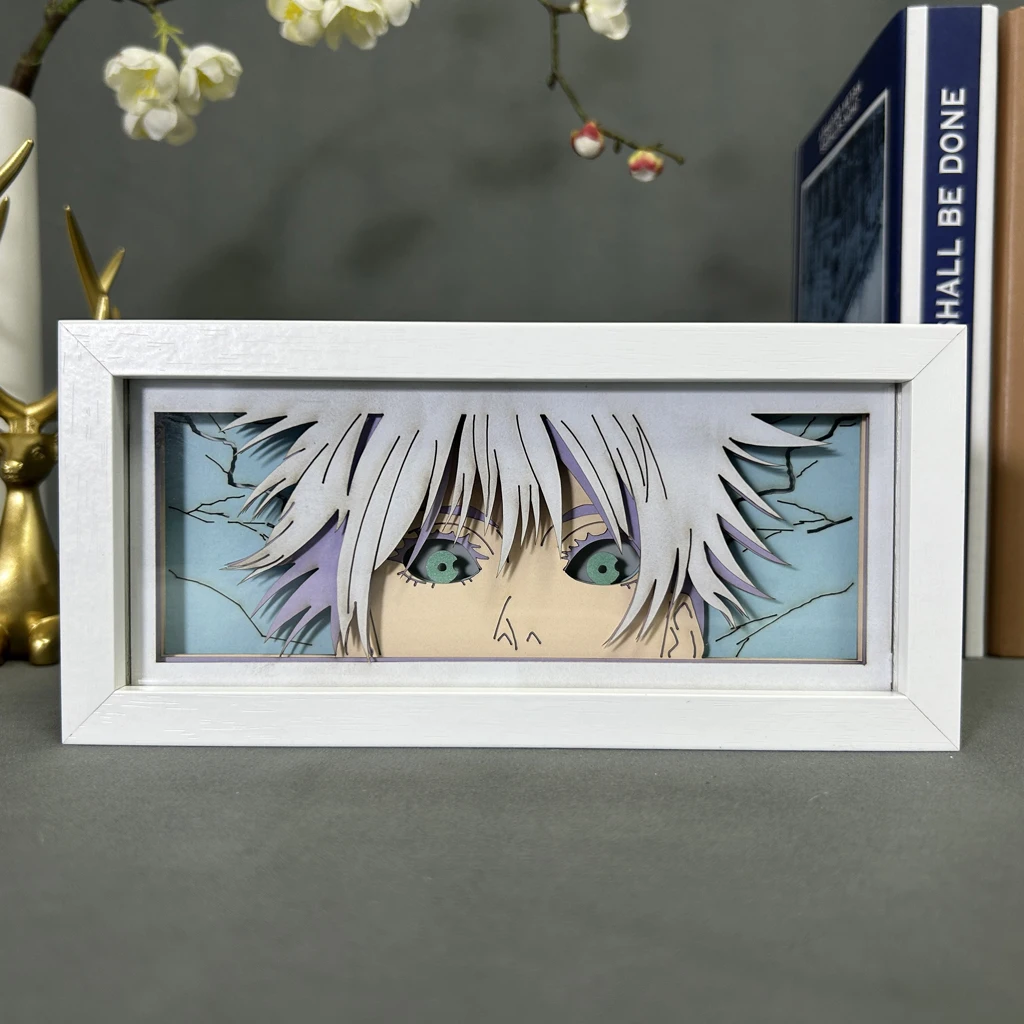 Lightbox lampu malam Manga 3d Papercut lampu meja kayu Jujutsu kassen kotak lampu Anime Satoru Gojo lampu wajah mata untuk dekorasi kamar tidur