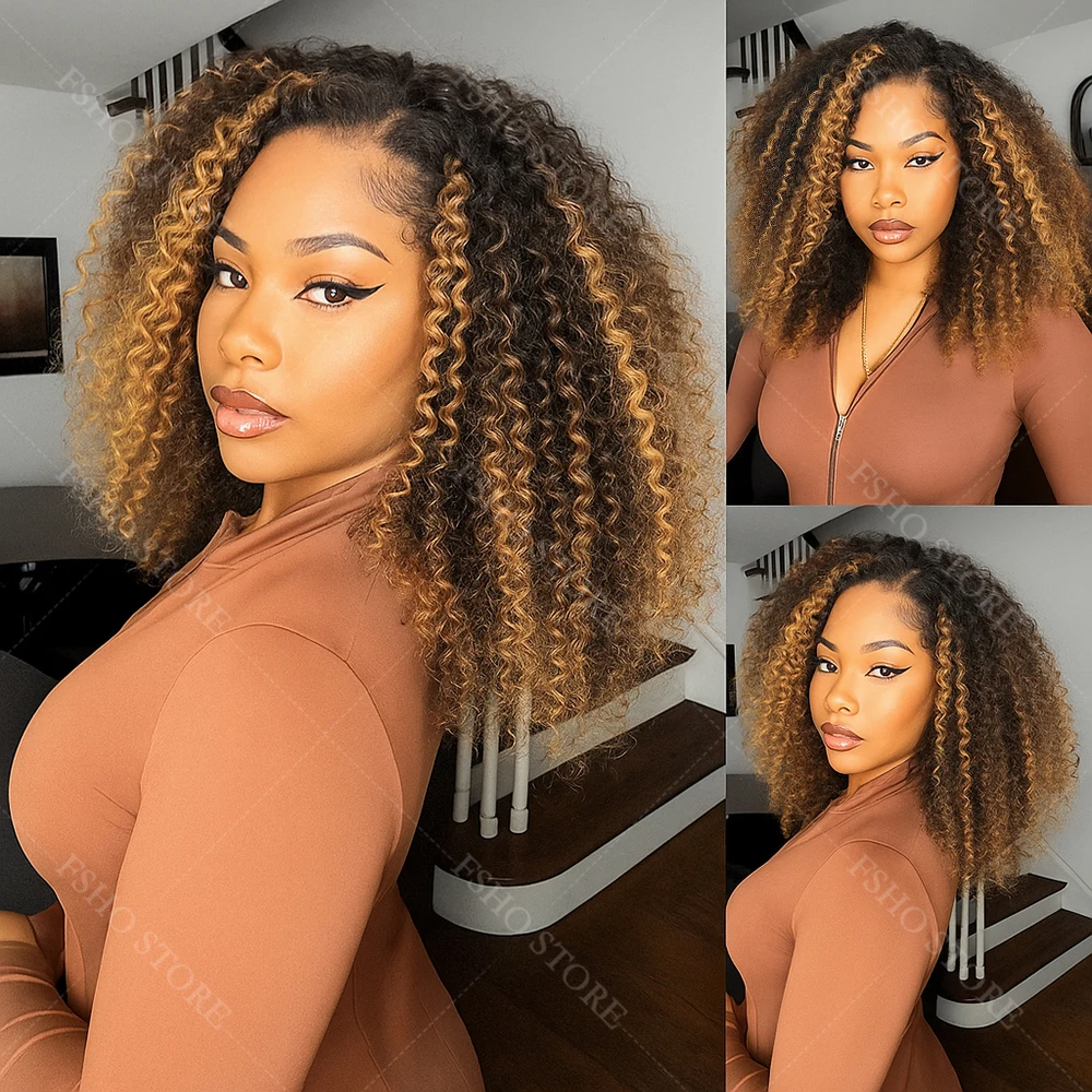 سهلة التركيب 1B/27 الأفرو غريب مجعد 3 في 1 نصف الباروكات شعر الإنسان بوب شقراء عالية الارتفاع سلس كليب في الاتجاه الجديد 3/4 نصف الباروكات