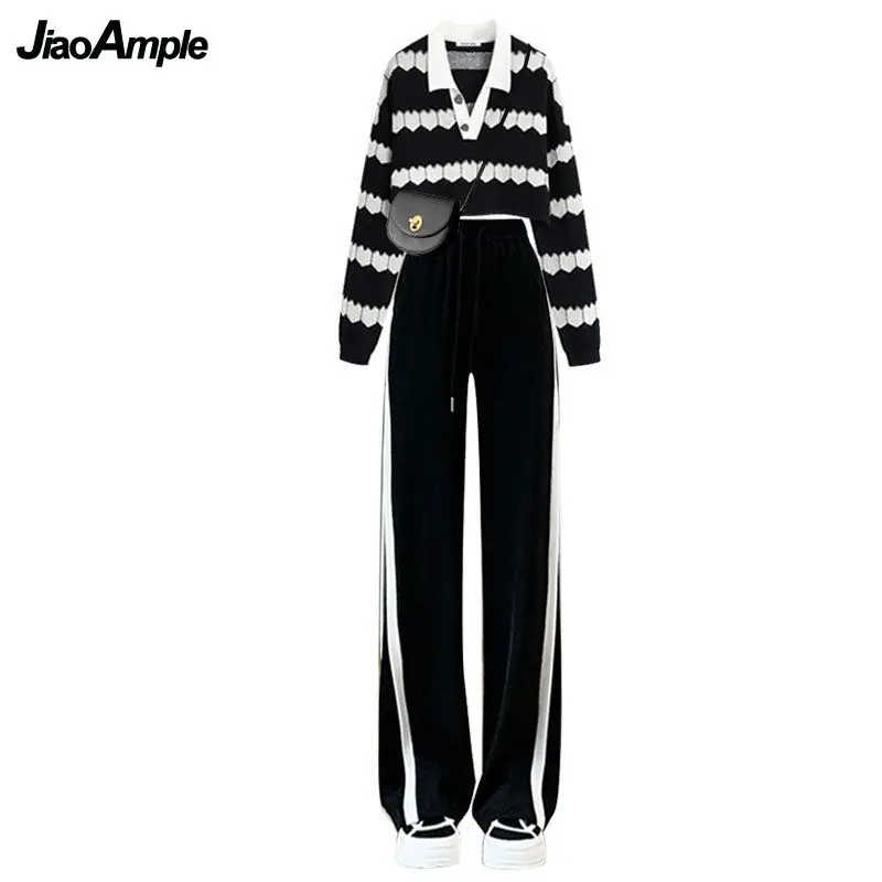 Women\'s Autumn Winter Suit Korean Elegant Chic Short Knit Sweater Wide Leg Pants Two Piece Female Fashion Sweater Matching Set