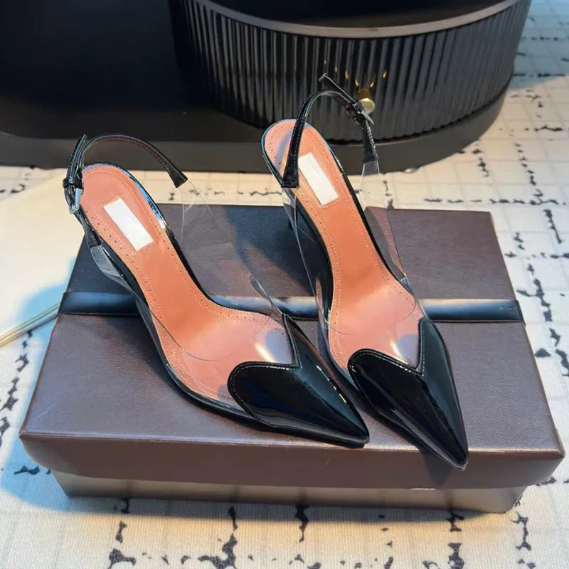 Sandalias de tacón alto de cuero transparente con punta en forma de corazón originales de marca de diseñador para mujer, zapatos de tacón fino.