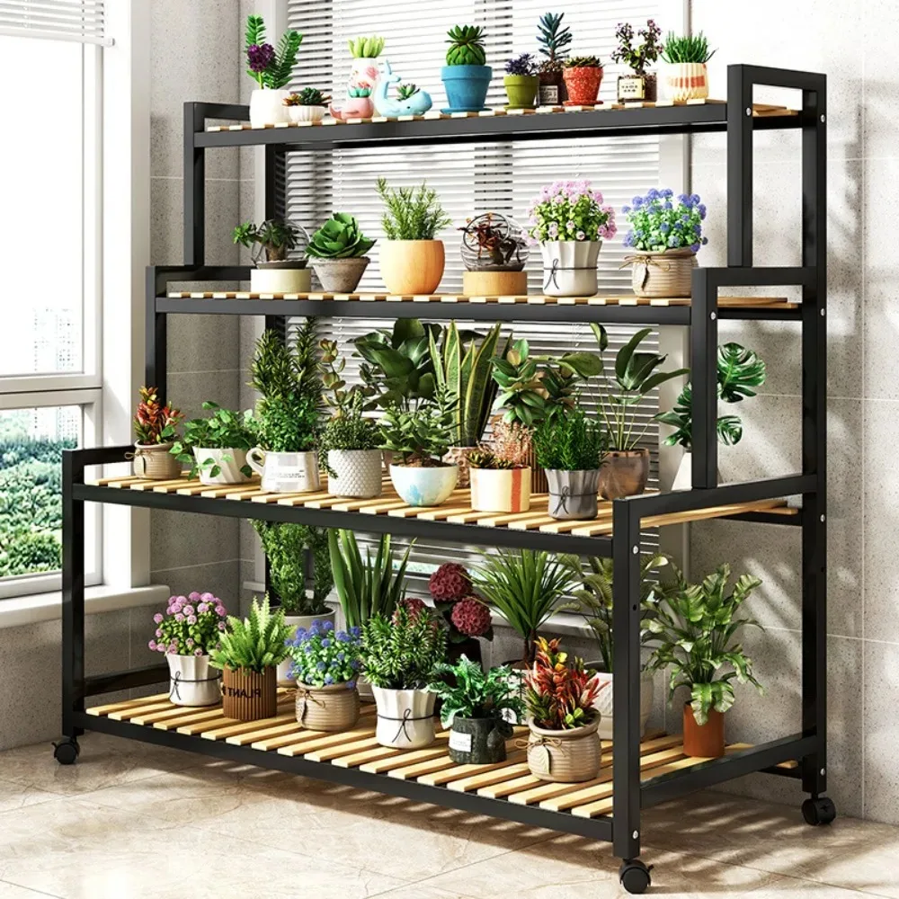 Outdoor Plant Shelf Iron Mobile Flower Racks Luxury Metal Flower Stand Floor Standing Storage Rack Multi Functional Storage Rack