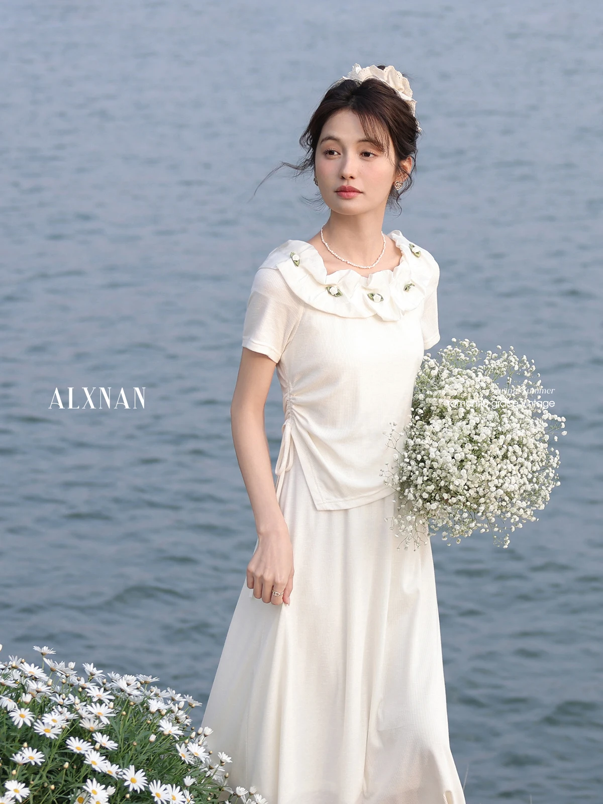 

Summer Women's ort Sve oulder Bared Dr Lychee Color Fake Two-Piece Dr l Waist A-Line Long Dr Casual Wear