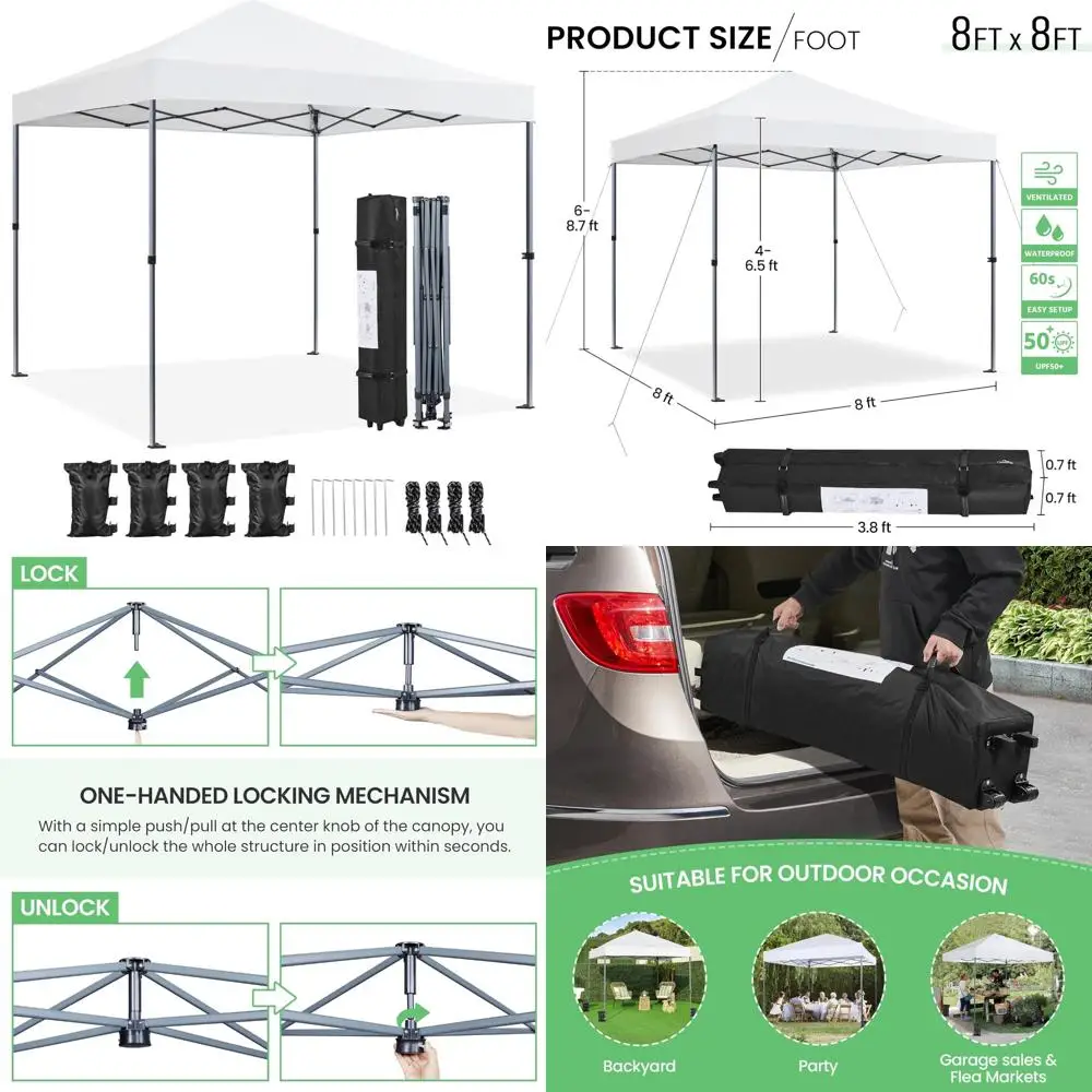 

Portable Outdoor Instant Canopy Tent, Easy Set-up 8x8 Gazebo with Wheeled Carry Bag, Commercial Use, Durable Pop Up Shelter for