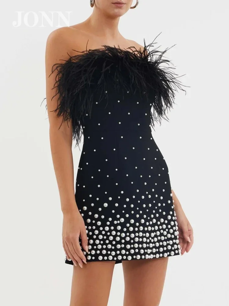 

JONN Sexy Off Shoulder Feather Beading Bandage Dress - Women Black Strapless Pearl Mini Bodycon Elegant Evening Party Runway