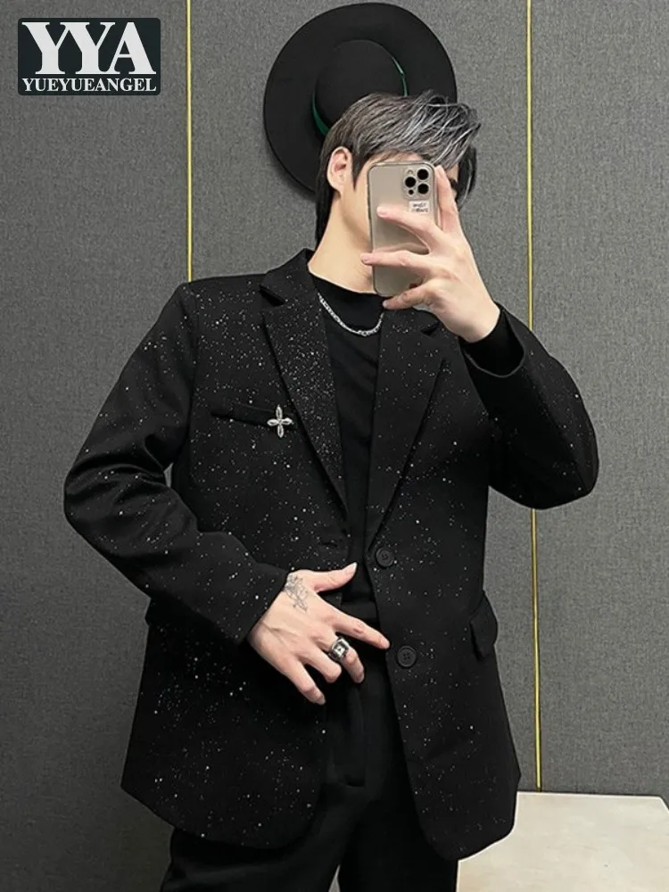 

Fashion Shiny Black Suit Jacket Men Spring Autumn Long Sleeve Casual Outerwear Loose Fit Single Breasted Party Mens Blazers Tops