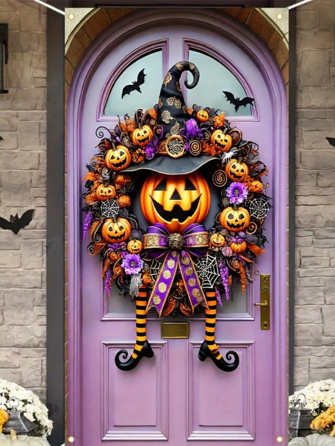 Halloween-Banner zum Aufhängen an der Türabdeckung – 1-teiliges Polyester-Kürbis-Hexenkranz-Design, geeignet für Zuhause, Gartentür, Courtyar