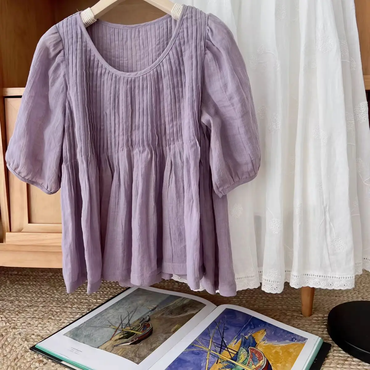 Korean Accordion Pleat Doll irt! Summer Versatile Slimming round Ne ort Sve Women's irt Textured Ele Top