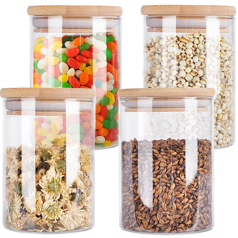 4 Pack Glass Storage Jars with Airtight Bamboo Lid,27 OZ Glass Food Storage Jar,Glass Kitchen Canisters,Clear Container