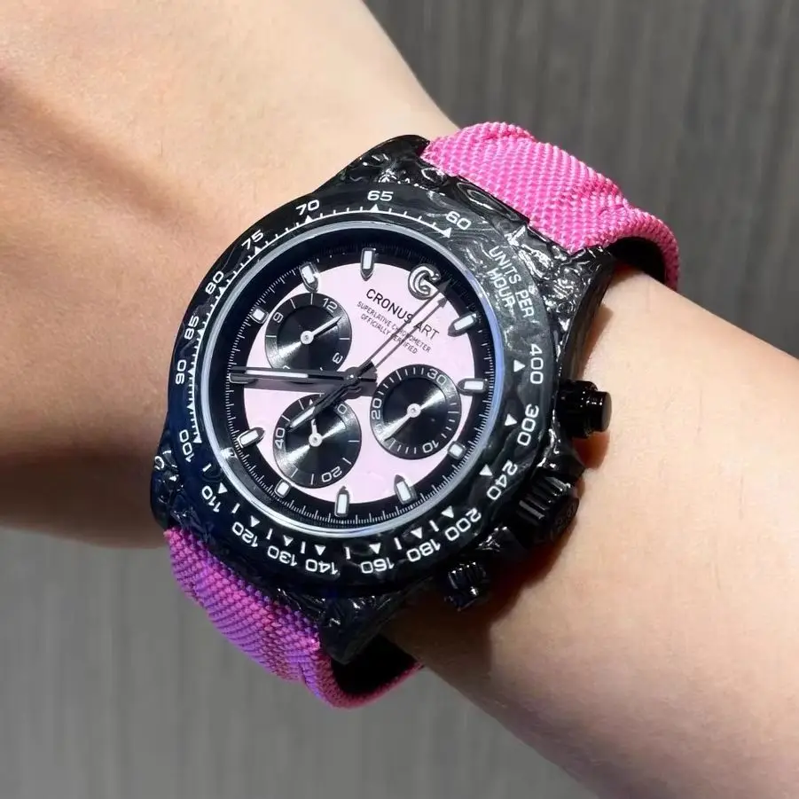 CRONUSART Men Chronograph Watch Pilot 40mm Automatic Mechanical Wristwatch Carbon Fiber Luminous Sapphire Mirror Nylon Strap