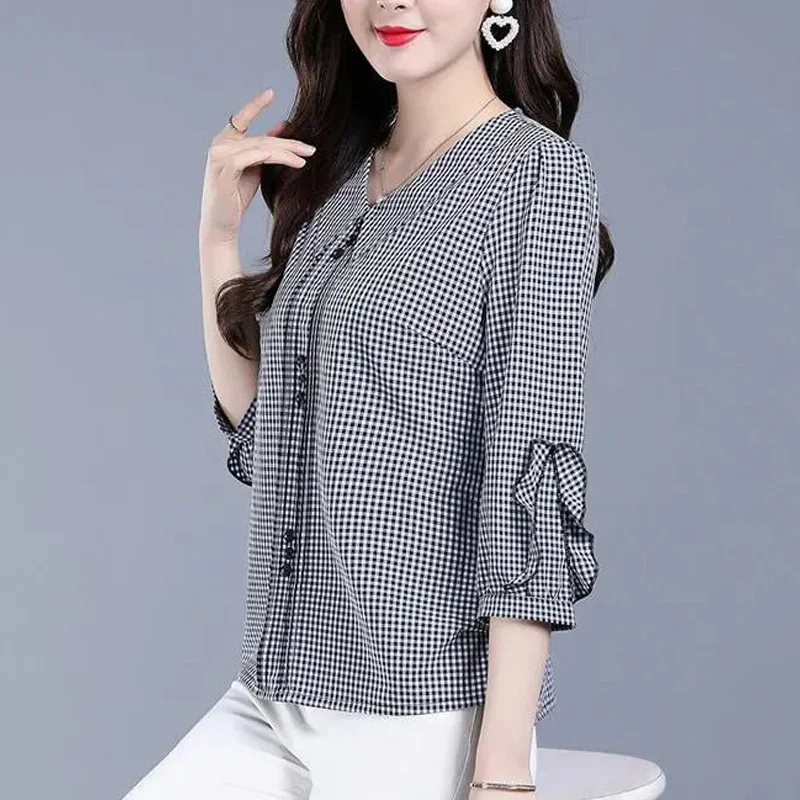 Elegant Fashion Chic Ruffle Retro Plaid Print Peter Pan Collar Shirts Blouses Women Spring Summer Casual 3/4 Sleeve Ladies Tops