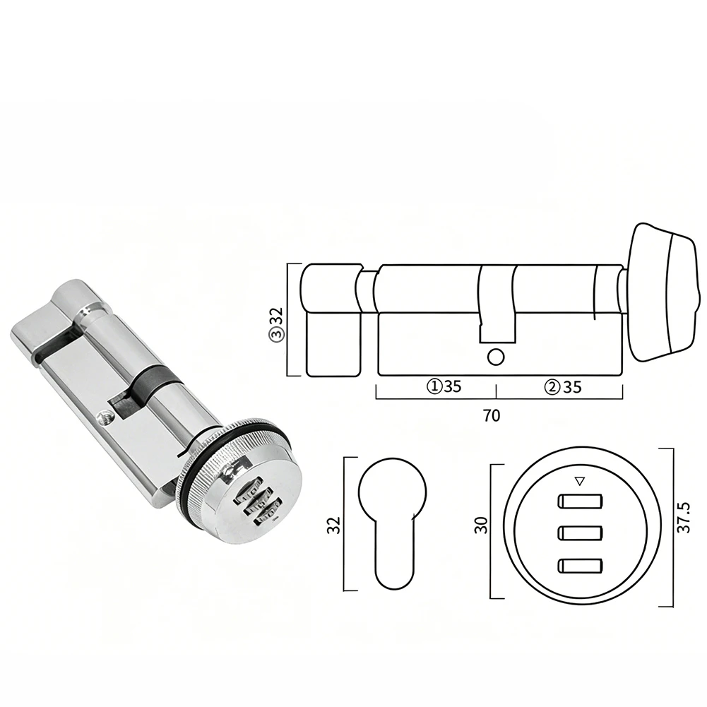 For Main Door Security Door for Lock Cylinder 3 Digit Code Lock Chrome Zinc Alloy Construction 1000 Unique Combinations