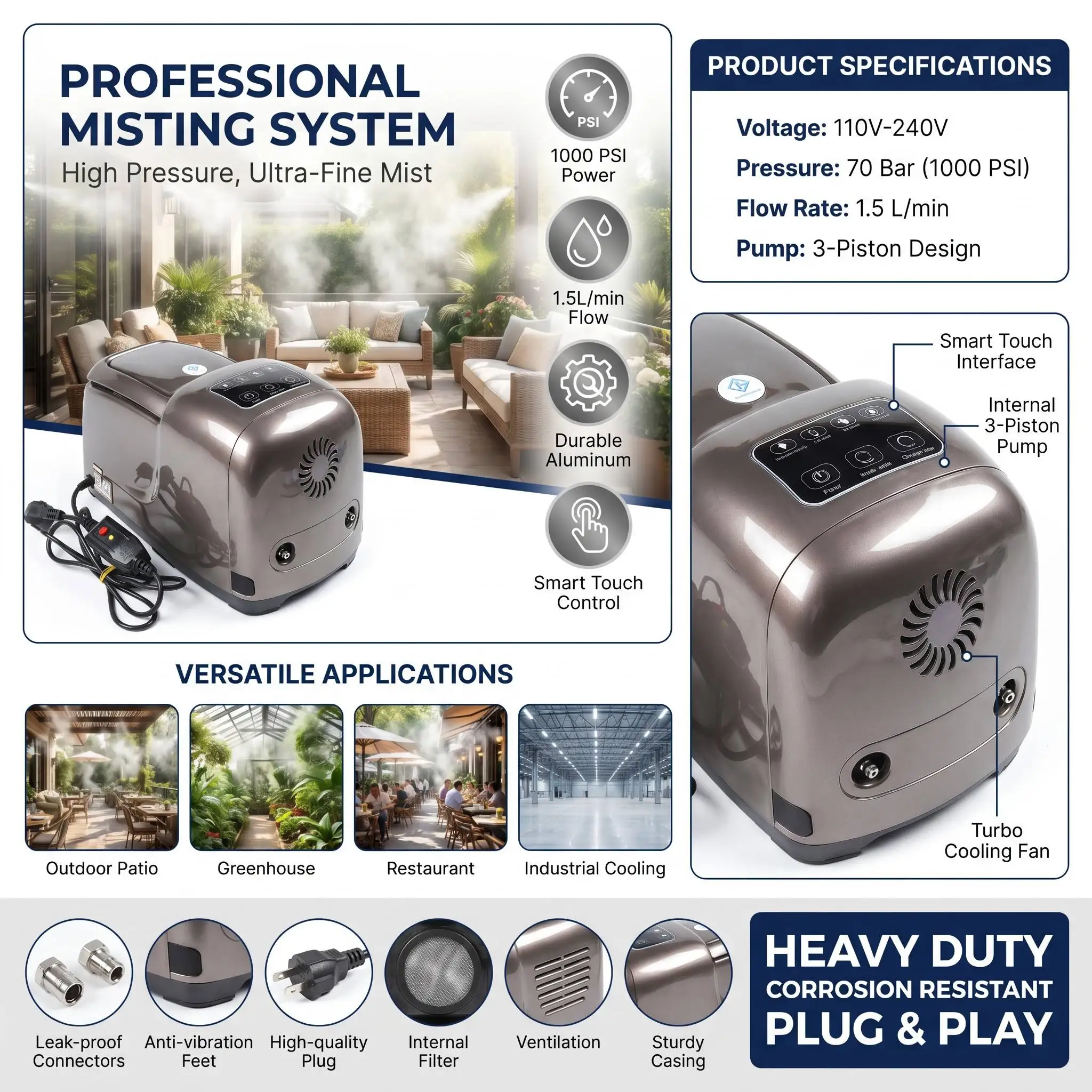 3 Pistons 70Bar/1000PSI High Pressure Metal Aluminum Pump Misting & Fogging System for Agriculture & Garden Sprayer