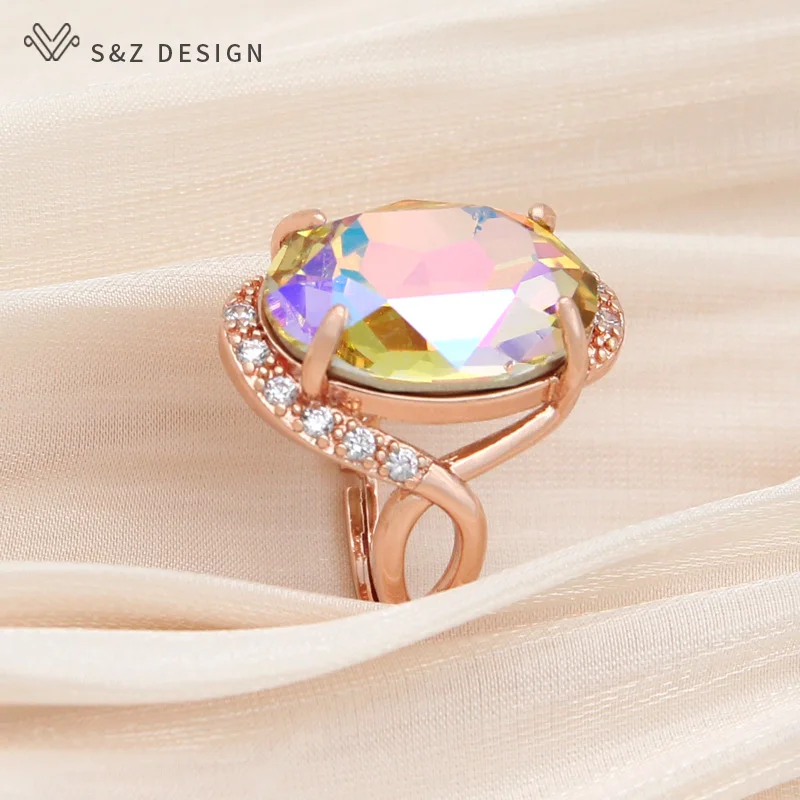 S&Z DESIGN New Fashion Oval Egg Shape Crystal Rings For Women Wedding Party 585 Rose Gold Color Cubic Zirconia Jewelry Gift