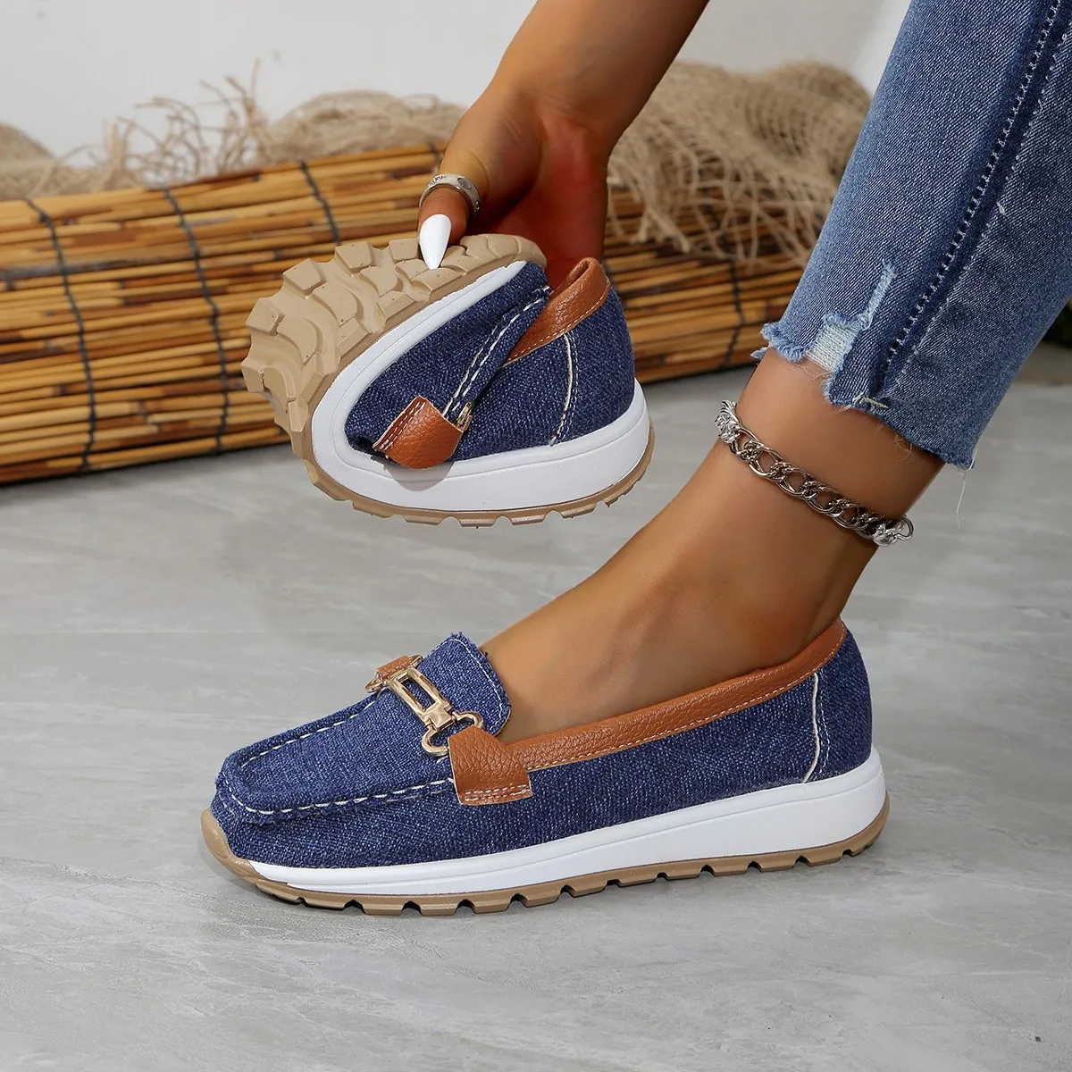 Sapato liso denim macio para mulheres, mocassins casuais, moda lolita, novo para primavera e outono