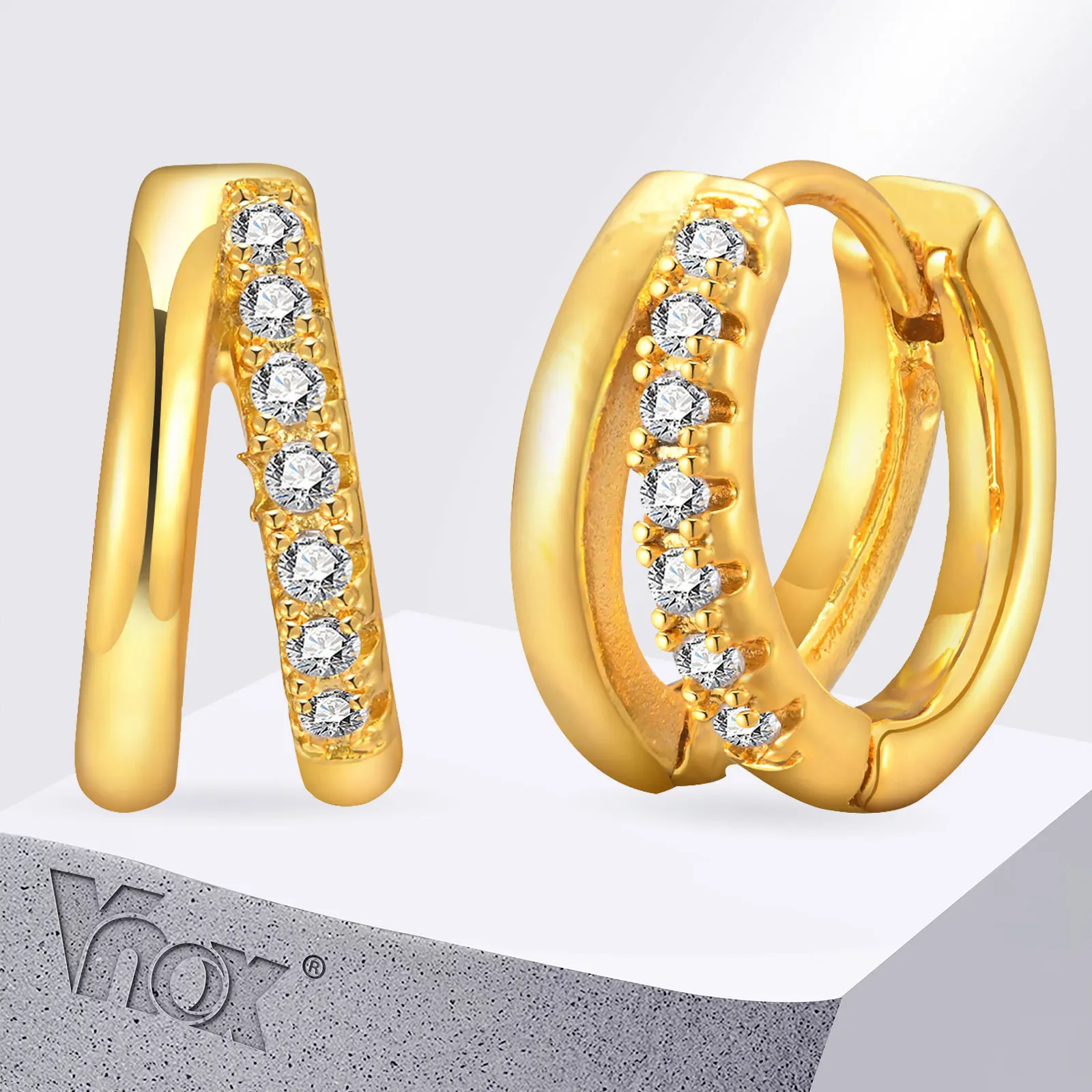 Vnox Shiny AAA CZ Stones Row Hoop Earrings for Women Teens Girls, Layered Twisted Metal Huggies, Daily Wear Small Ear Jewelry