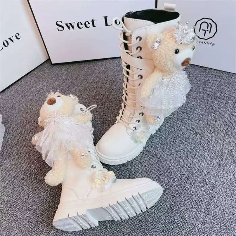 2024 Winter New Children\'s Tall Boots Spring and Autumn Girls\' Little Bear Pearl sequin Side Zipper Fashion Princess Boots