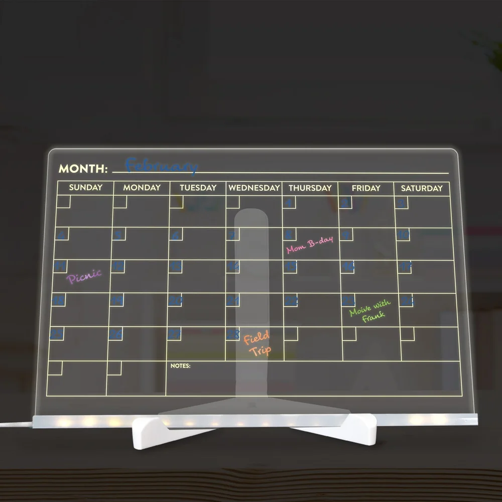 LED 조명 드라이 이레이저 보드 12인치 아크릴 메시지 보드 (7색 마커, USB 전원, 킥스탠드, 캘린더 데칼 포함)