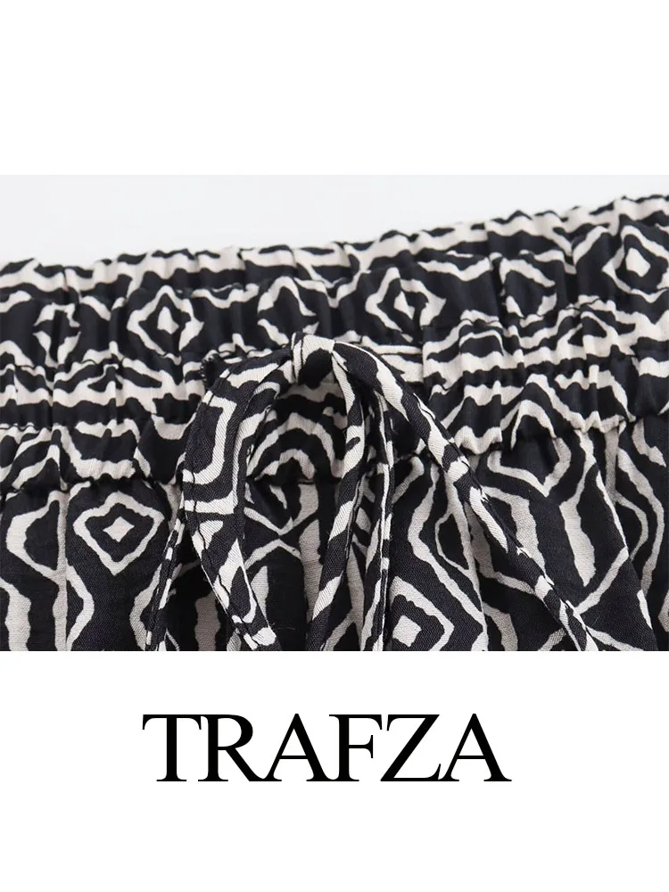 TRAFZA Trousers For Women Summer Elegant Printed Side Pockets Decorated Elastic Waist Wide Leg Pant Lace-up High Street Mujer