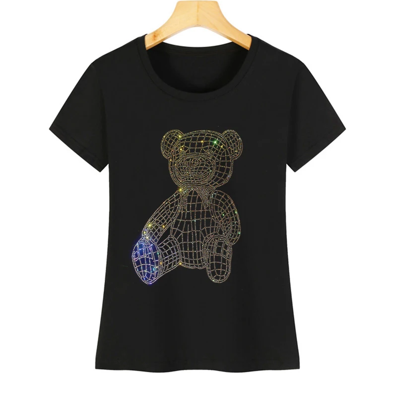 Women's Rhinestone Short-Sleeved Casual T-shirt, Super Pretty Bear, Butterfly Drill, Hot Sale, High Quality, Shiny Hot, Summer