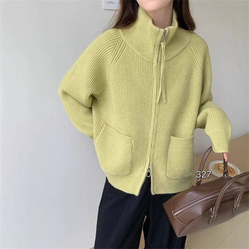 Opstaande Kraag Dubbele Rits Gebreid Vest Dames Top 2025 Herfst-winter Nieuwe Luie Stijl Losse Trui Jas