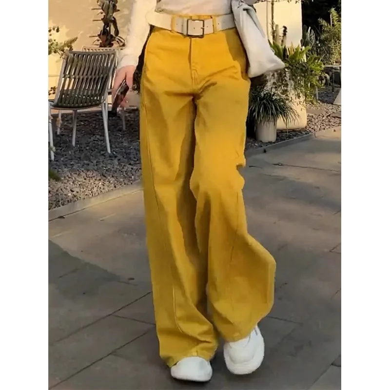 جينز Scimitar أصفر عصري للنساء، سروال أنيق للتخسيس وفضفاض متعدد الاستخدامات للخريف