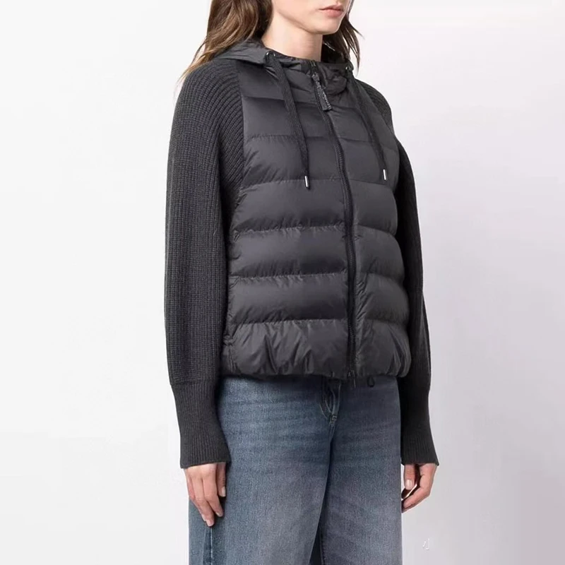 Patchwork-Daunen jacke mit Woll strick ärmeln für Damen, weiße Gänse daunen gefüllt, warmer Jacken mantel mit Kapuze, hochwertig, Herbst, neu, y2k