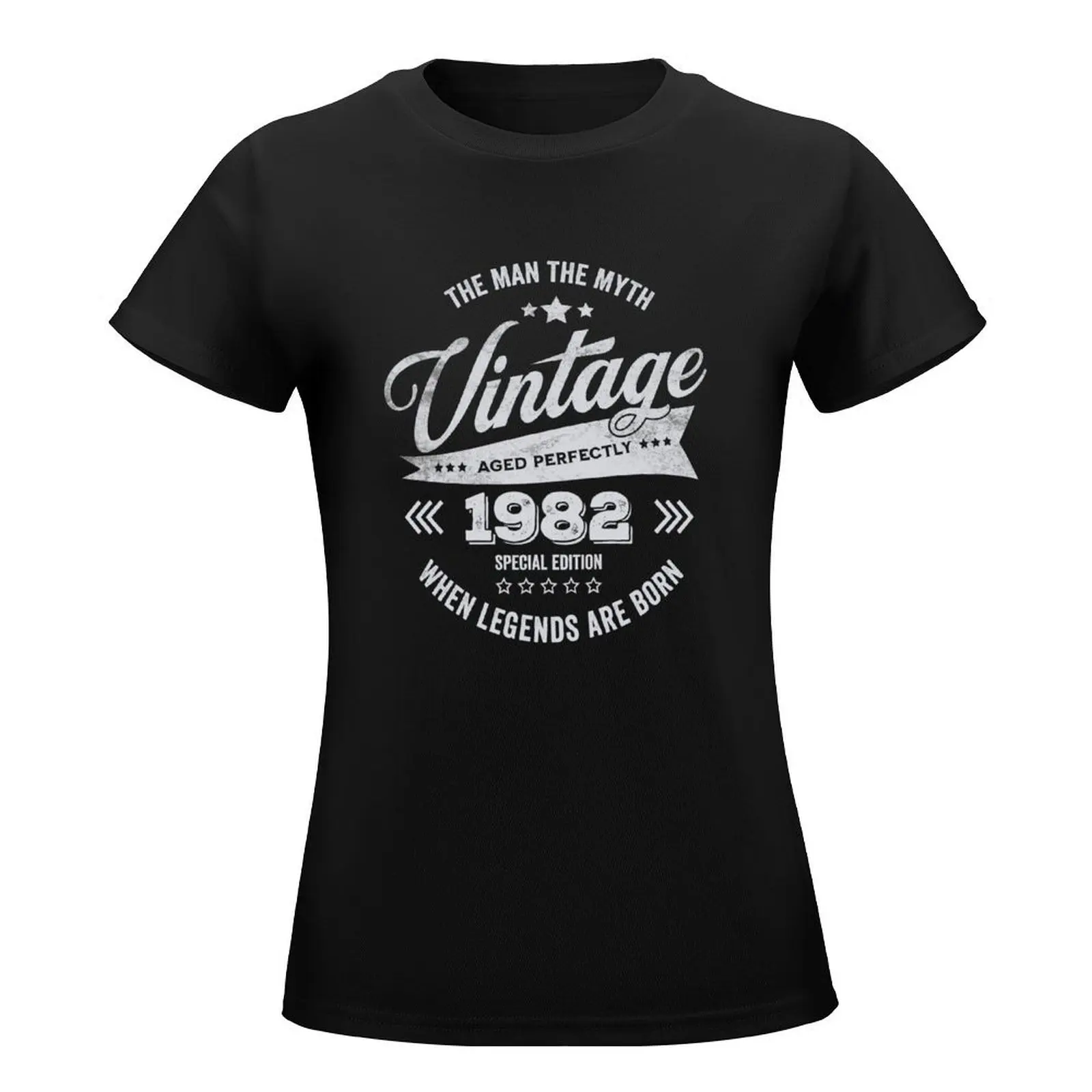 T-shirt lenda do aniversário para as mulheres, mulher camiseta, roupas de verão, roupas, Made in 1982, vintage