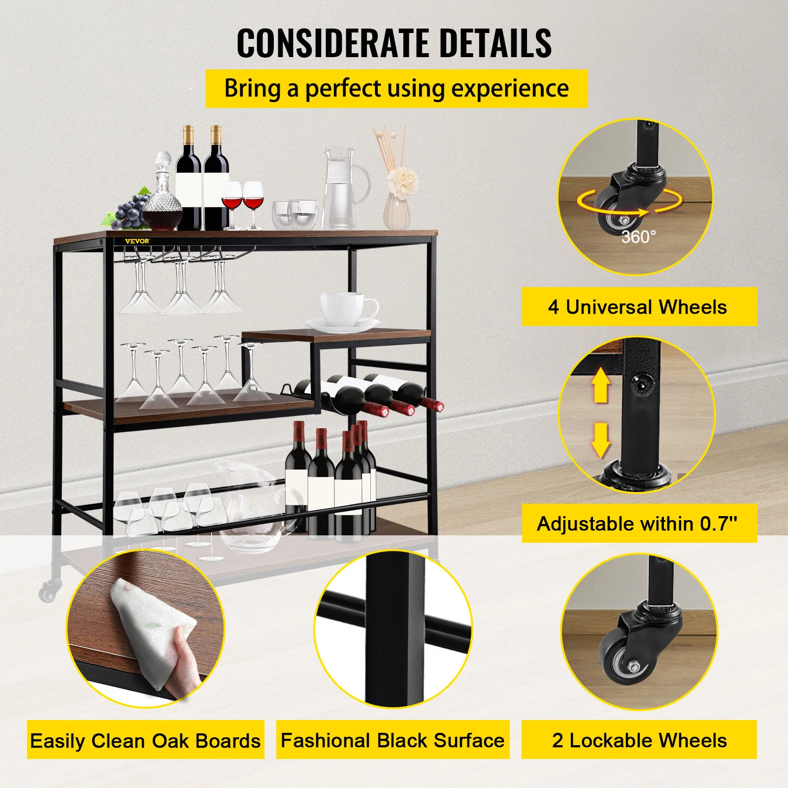 VEVOR 3-Tier Bar Wine Rack Serving Cart on Wheels Commercial Kitchen Food Truck Serving Buffet Sideboard Rack Glass Holder Home