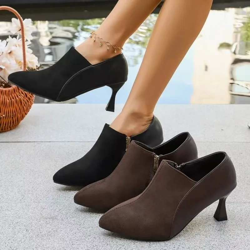 

Модные замшевые нескользящие износостойкие туфли на высоком каблуке с боковой молнией на шпильке с острым носком