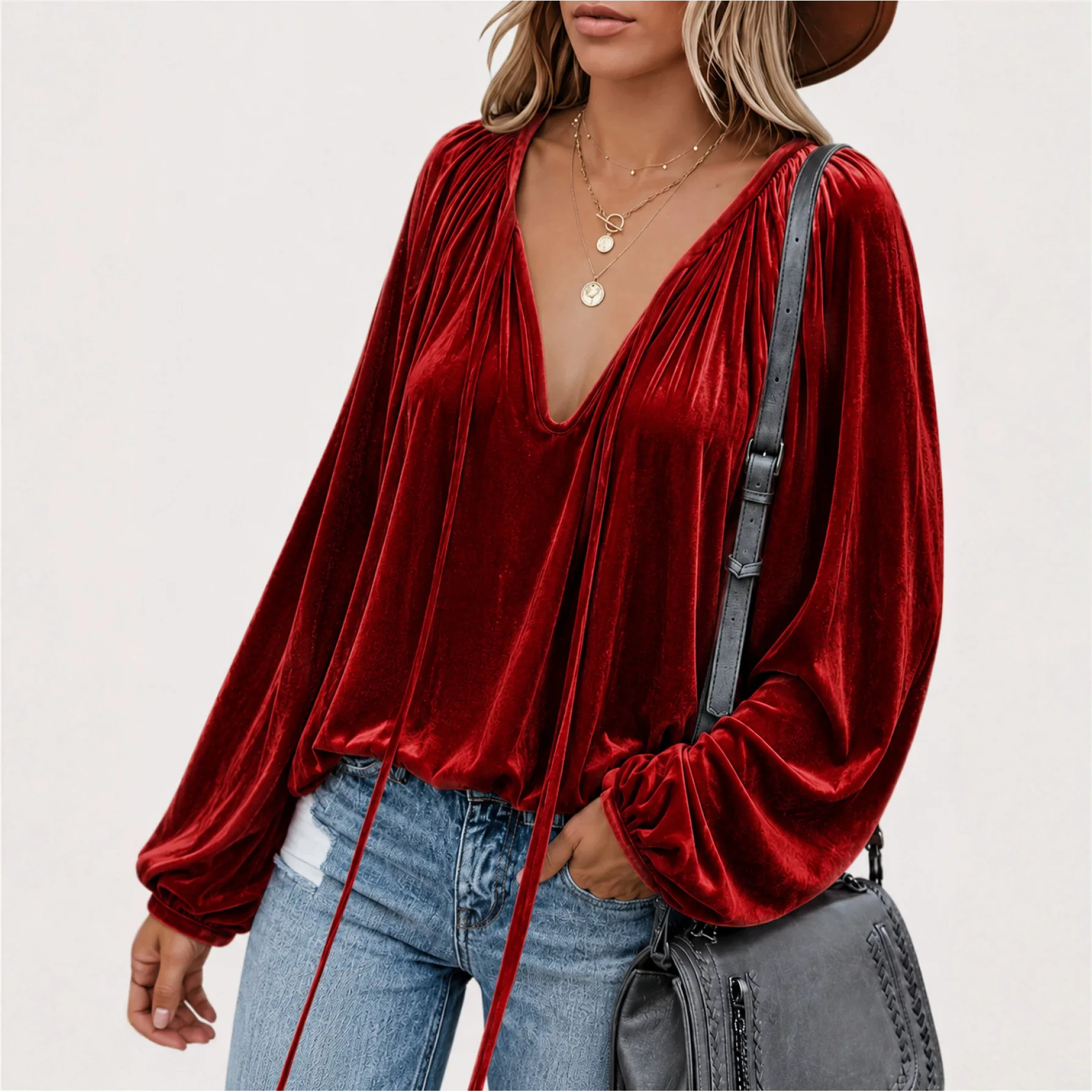 Anno's Own Design 2026 Women's Random And Fashionable Velvet Drawstring V-neck Long-sleeve Top Dresses For Women Luxury Robe