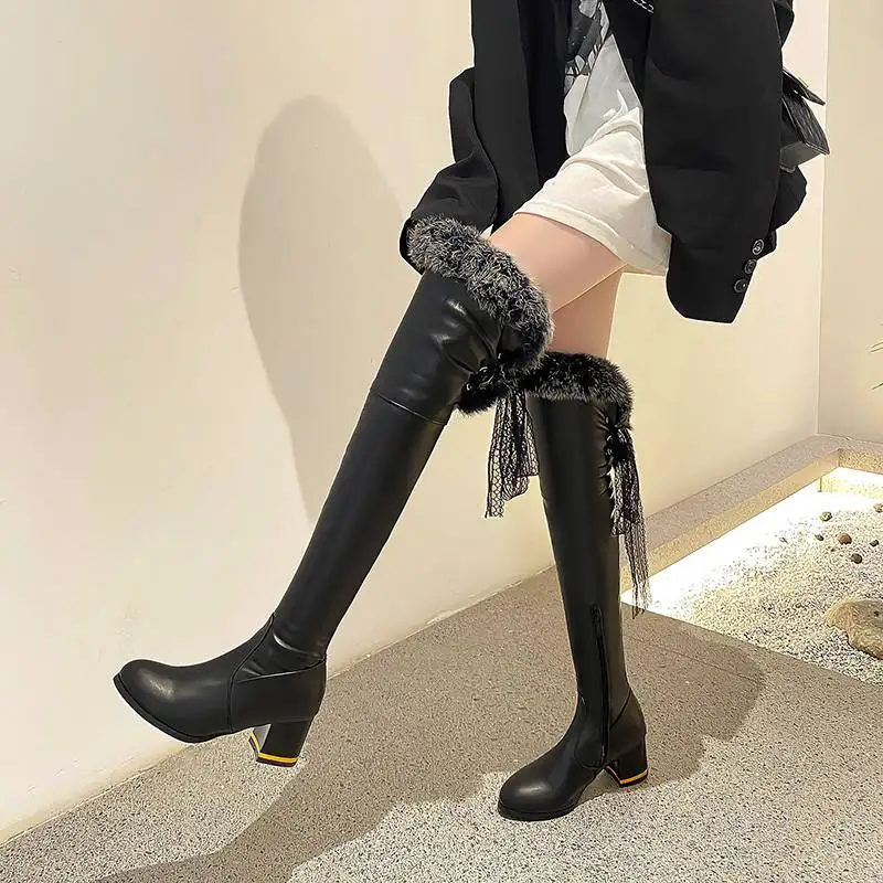 REAVE CAT Fashion Lady Thigh Boots 54cm Round Toe Block Heels 6cm Plush Shoes Ribbon Sexy Party Big Size 45 46 47 48