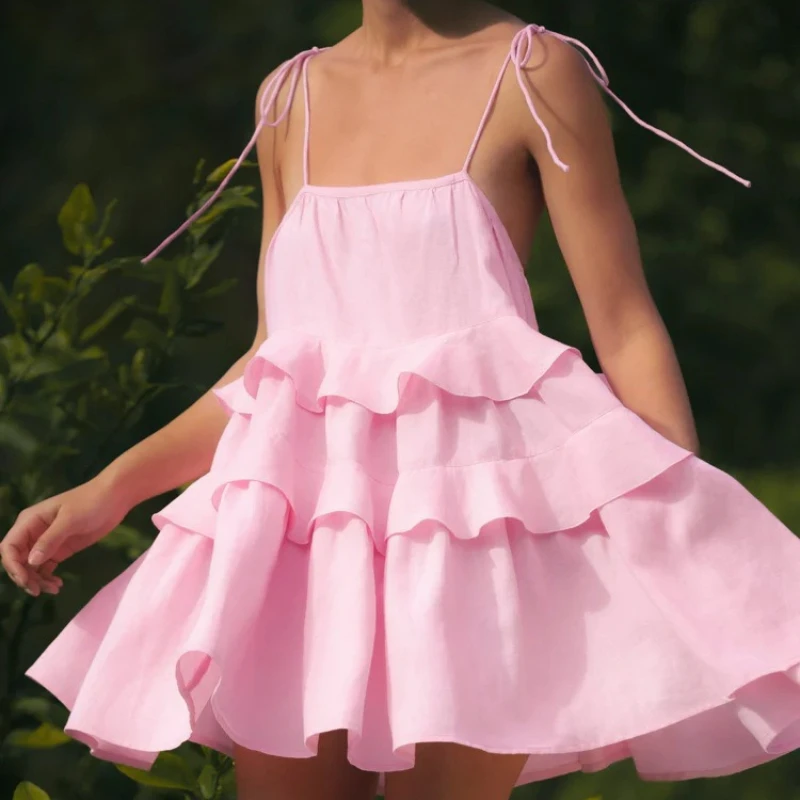 فستان Zeyla النسائي ذو الكشكشة المتدرج متعدد الطبقات مفتوح الظهر فستان قصير أنيق للنساء على الشاطئ ملابس غير رسمية للحفلات اليومية