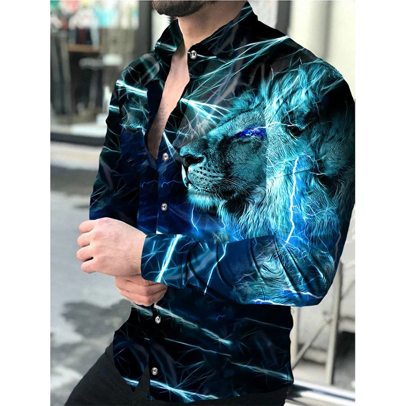 Men\'s Luxury Fashion Harajuku Shirt For Men Casual Social Lion Print Long Sleeve Smooth Clothing Elegant Y2k Streetwear Top