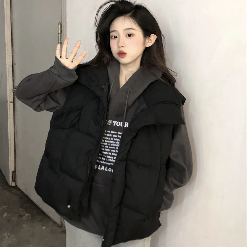 

New Stand Collar Down Cotton Jackets Spring Autumn Women's Vest Jacket Winter Loose Fit Coat Black Outerwear Female Waistcoat
