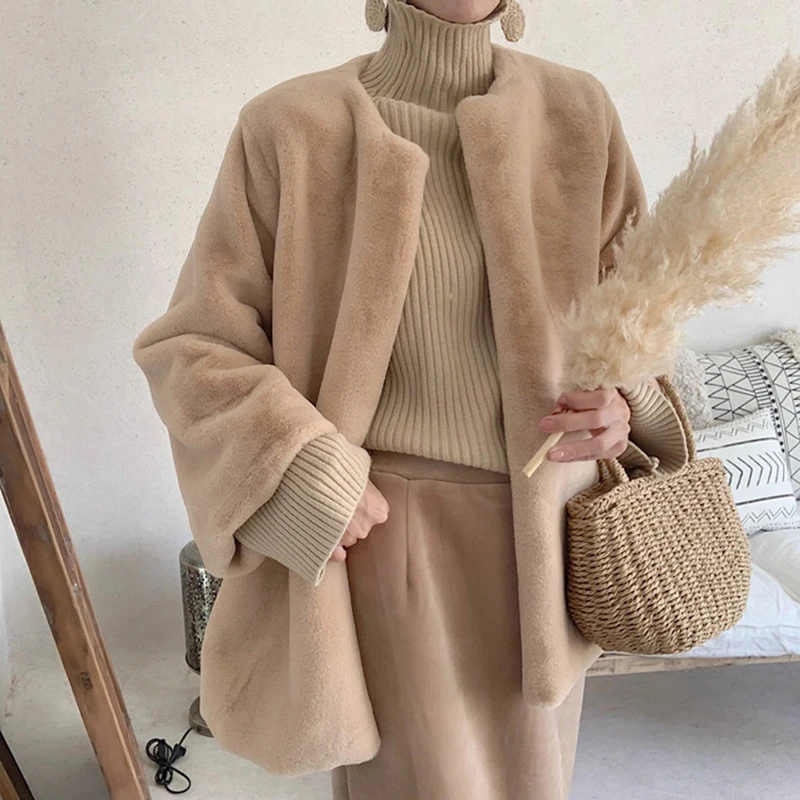 

Pop Khaki Thick Warm Fur Coat for Women Winter Round Neck Loose Faux Fur Jacket Woman Nice Solid Soft Furry Female Overcoat