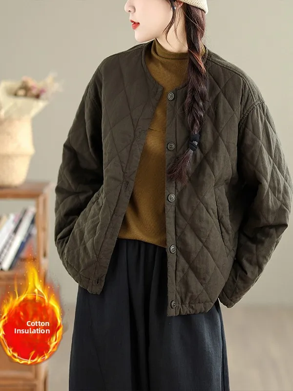 

Retro Linen Single-Button Cotton Jaet Women's Autumn Winter Loose Pure Color Outerwear Thiened Long Sve Stand Collar