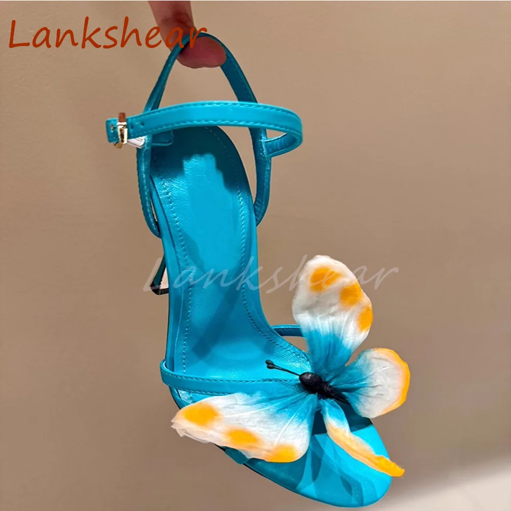 Sandalias de punta redonda con mariposa para mujer, zapatos de tacón de aguja con hebilla en la parte trasera, Sexy, a la moda, para fiesta, novedad de verano, 2024