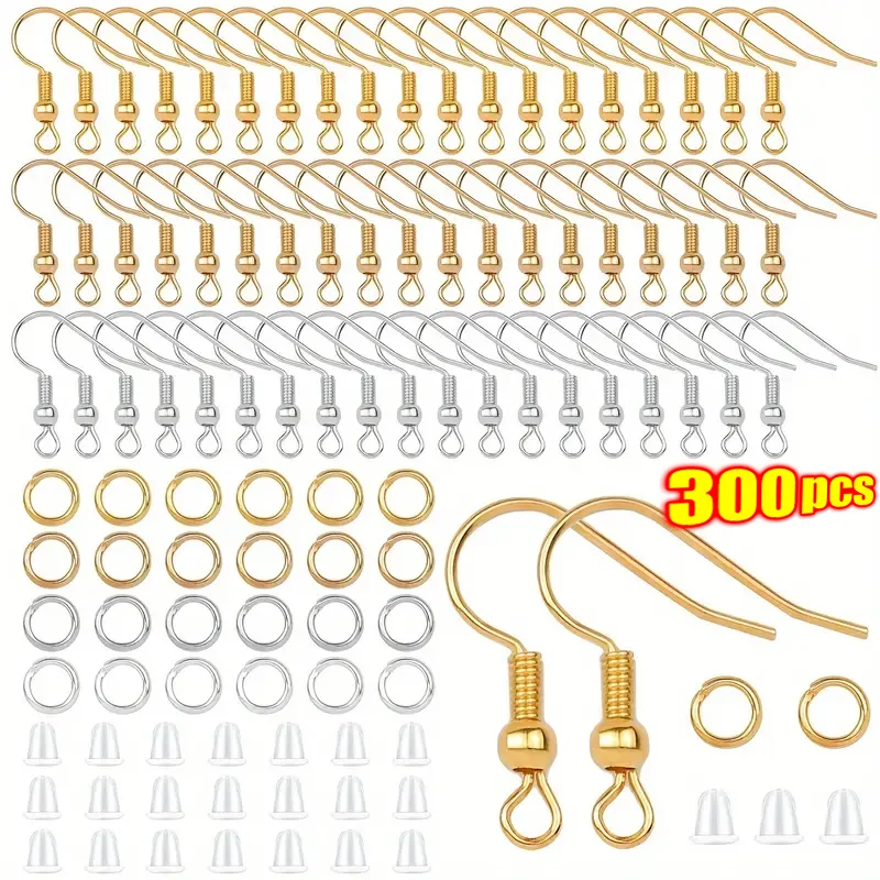 

300pcs/Lot Hypoallergenic Earring Hook Kit Mix-color Ear Wires Fish Hooks Open Jump Rings Earplugs For DIY Jewelry Making