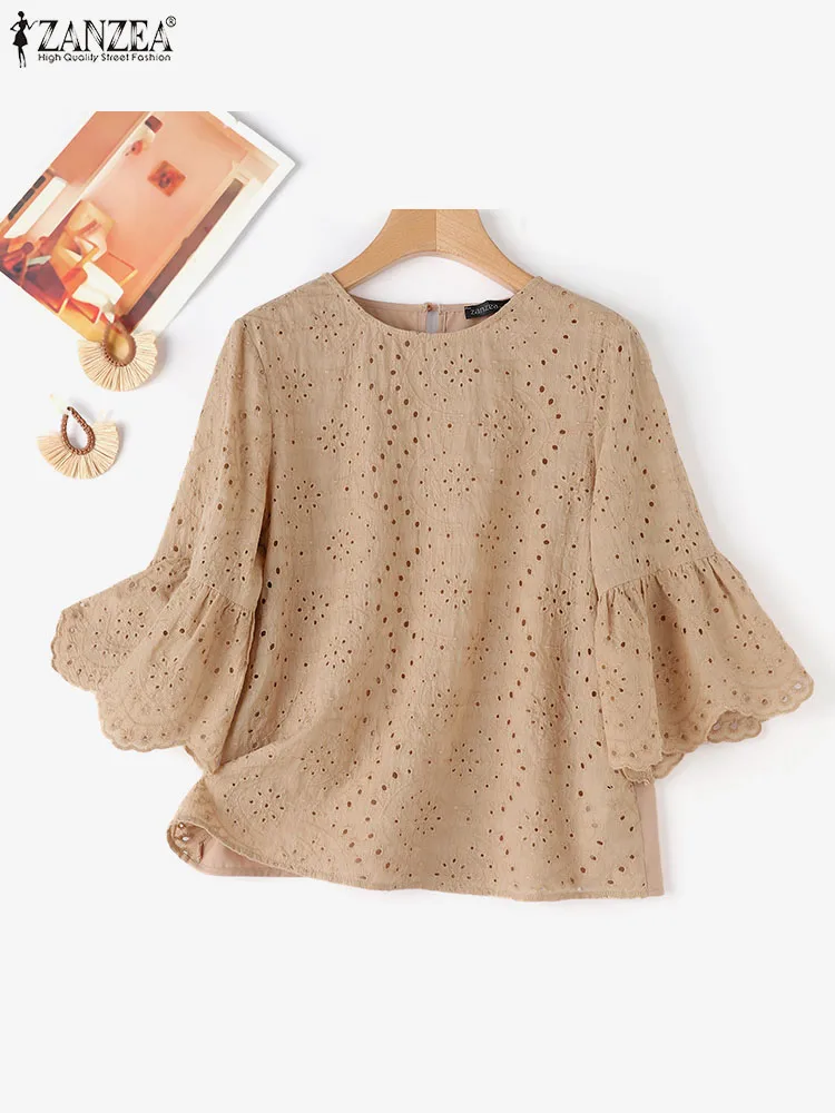 2024 ZANZEA Women Elegant Lace Crochet Blouse Female Summer Tops Holiday Shirt Work OL Tops Stylish 3/4 Sleeve Patchwork Blusas